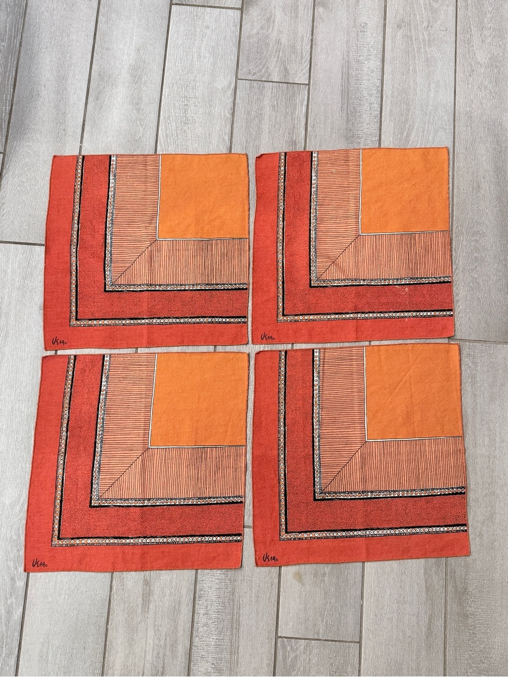 4 Vintage Vera Neumann Geometric Orange & Red Cloth Napkins 70s